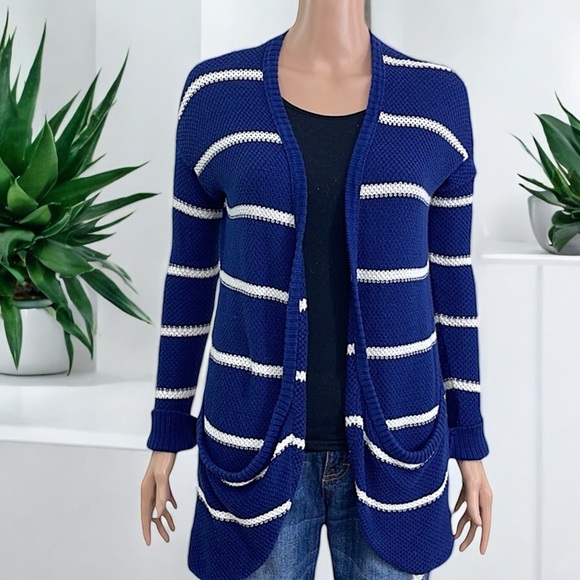 American Eagle Outfitters Nautical Navy & White Striped Open Front Knit Cardigan - Picture 9 of 16